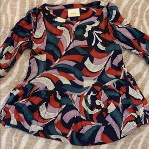 Anthropologie Maeve Red and Blue Patterned Peplum Top